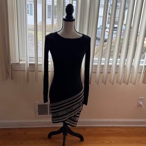Bailey 44 Black Midi Dress with White Geometric Hem